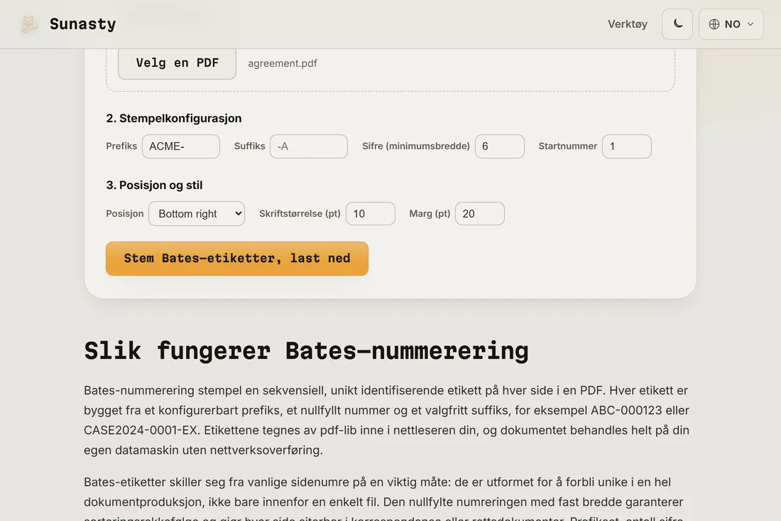 Den stemplede PDF-en klar til nedlasting, med Bates-etiketten synlig i sidens nederste høyre hjørne