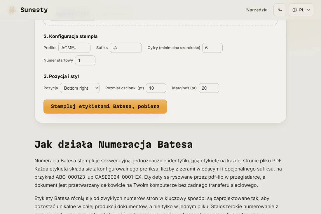 Ostemplowany plik PDF gotowy do pobrania, z etykietą Bates widoczną w prawym dolnym rogu strony