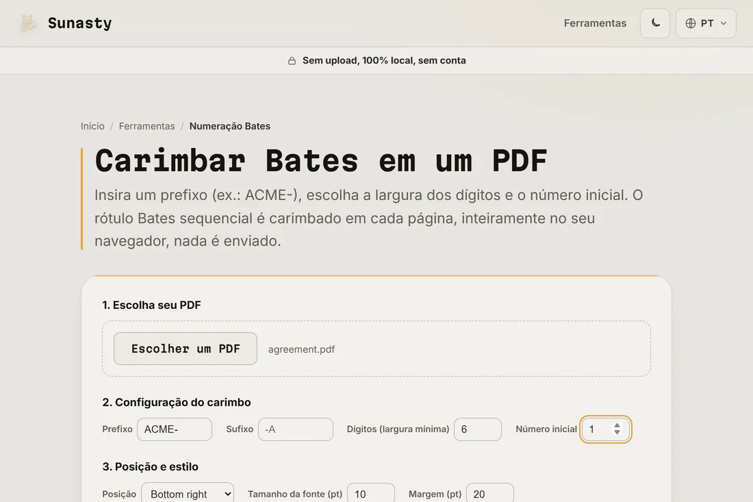 A ferramenta de numeração Bates com um contrato carregado, o prefixo definido como ACME- e um contador de seis dígitos começando em um
