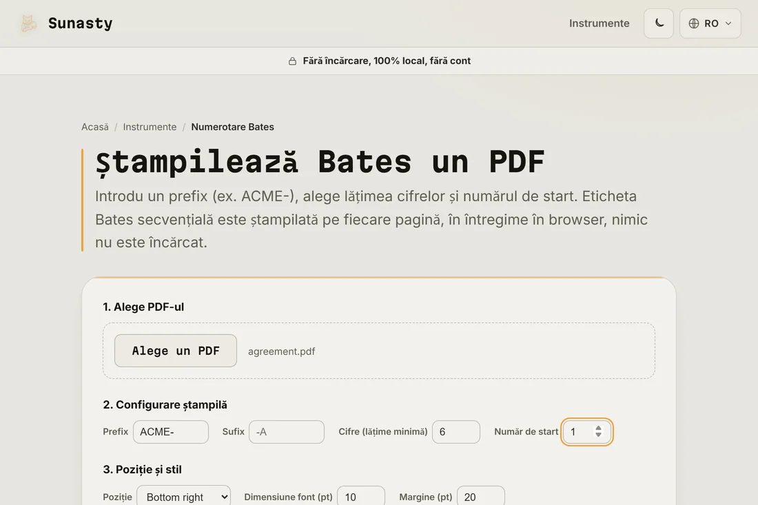 Instrumentul de numerotare Bates cu un acord încărcat, prefixul stabilit la ACME- și un contor de șase cifre care pornește de la unu