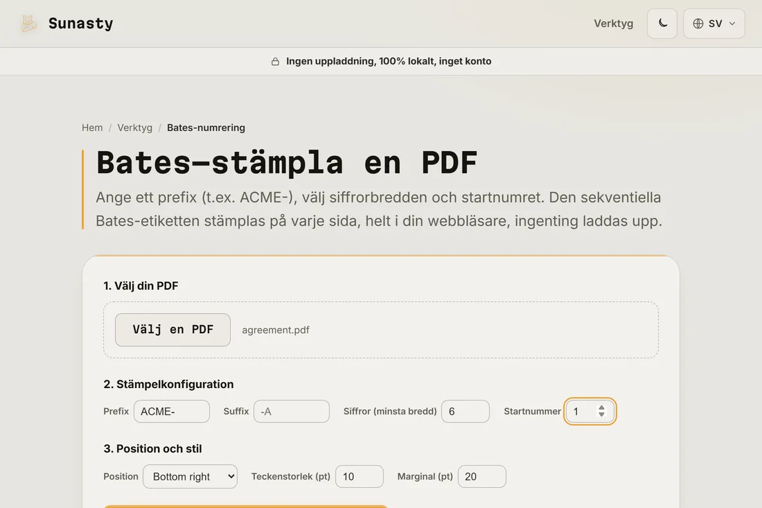 Bates-numreringsverktyget med ett avtal inläst, prefixet satt till ACME- och en sexsiffrig räknare som börjar på ett