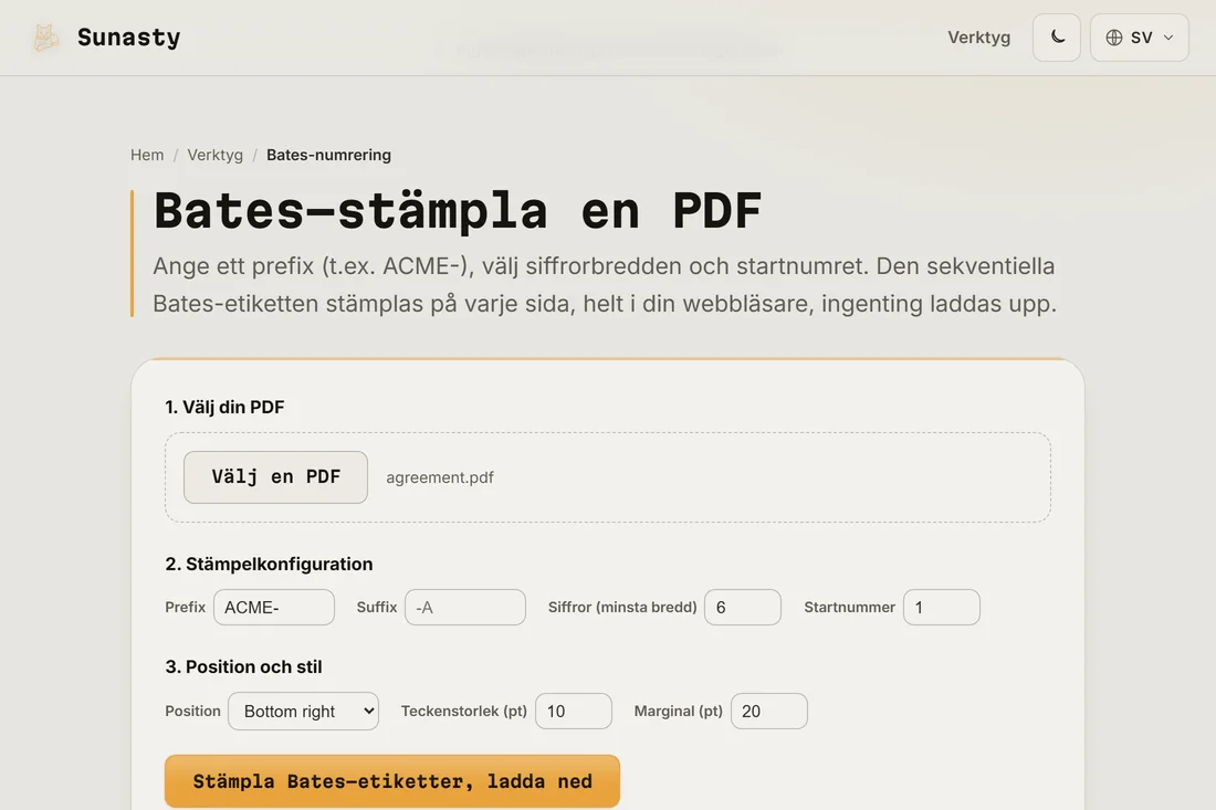 Den stämplade PDF:en redo att laddas ner, med Bates-etiketten synlig i sidans nedre högra hörn