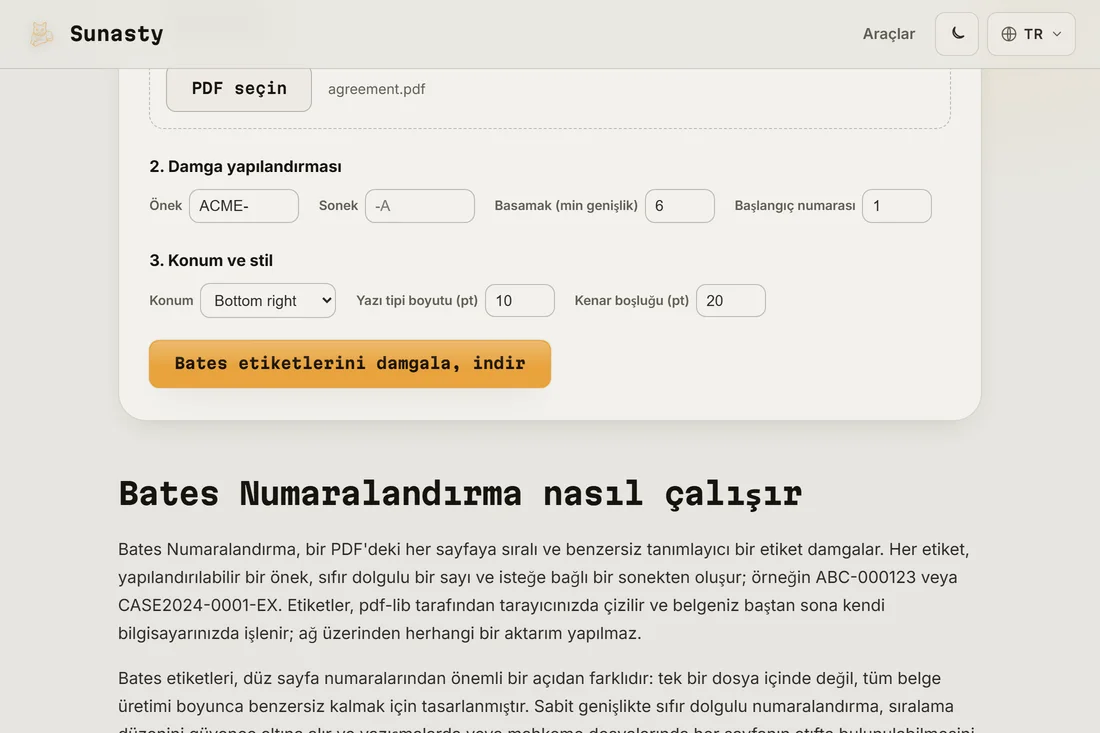 Bates etiketi sayfanın sağ alt köşesinde görünen, indirilmeye hazır damgalanmış PDF