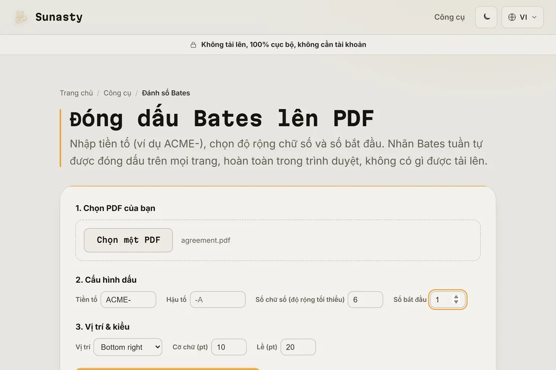Công cụ đánh số Bates với một bản thỏa thuận đã được tải lên, tiền tố đặt là ACME- và bộ đếm sáu chữ số bắt đầu từ một