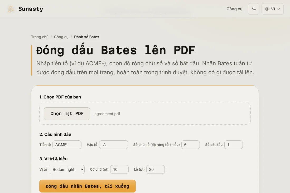 Tệp PDF đã đóng dấu sẵn sàng tải về, với nhãn Bates hiển thị ở góc dưới bên phải của trang