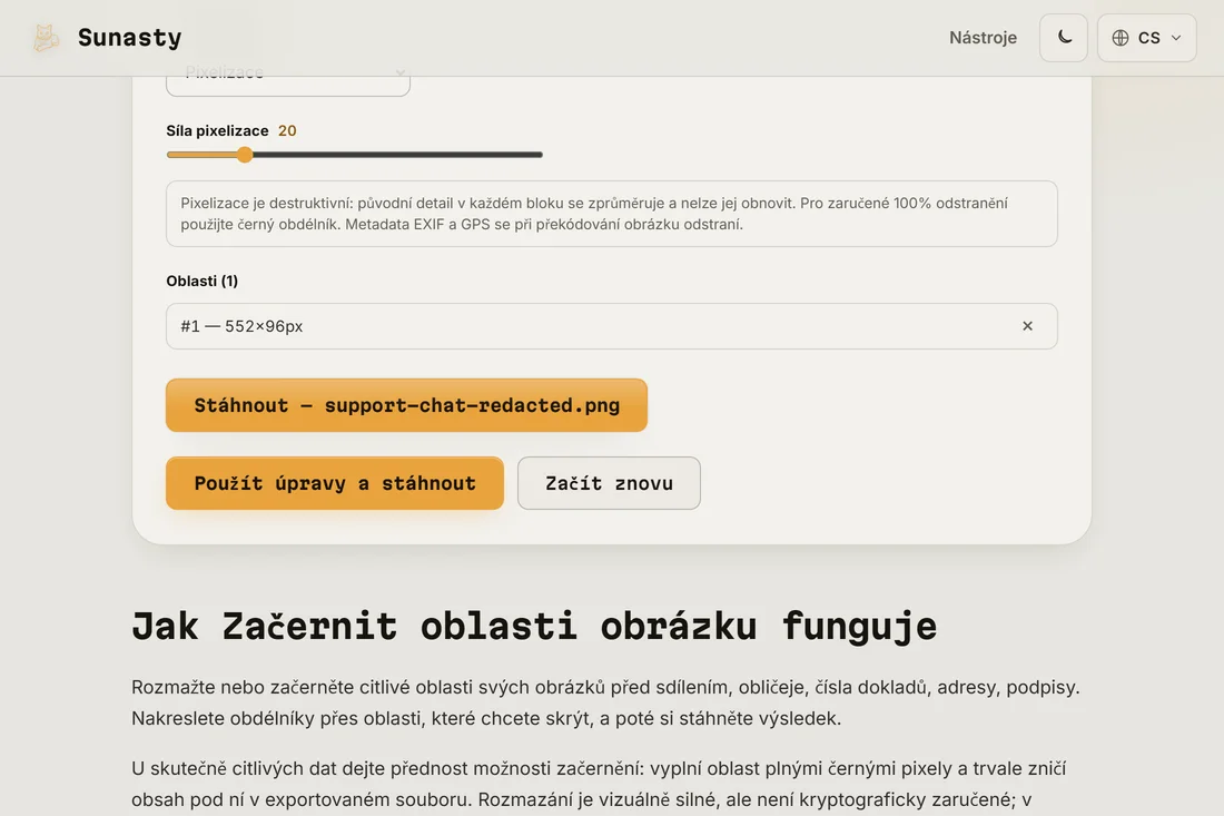 Začerněný výsledek s aplikovanou pixelovanou zónou, připravený ke stažení