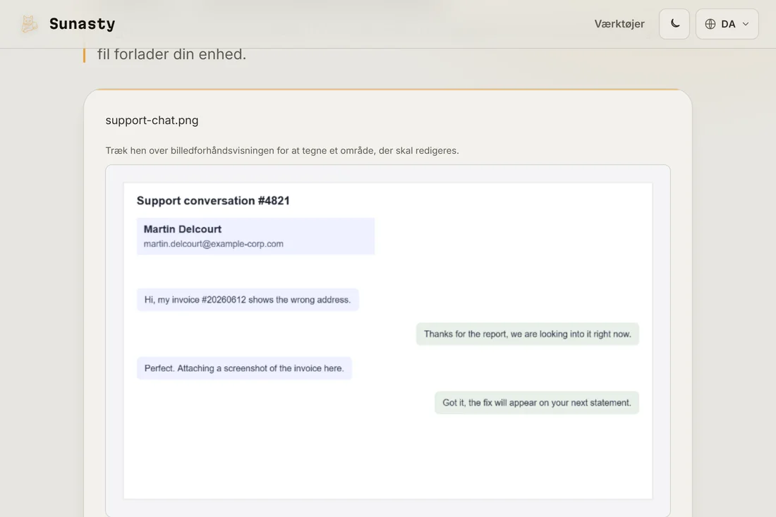 Et screenshot indlæst i maskeringsværktøjet, med forhåndsvisningen vist