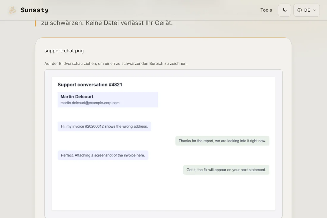 Ein im Schwärzungs-Tool geladener Screenshot mit angezeigter Vorschau