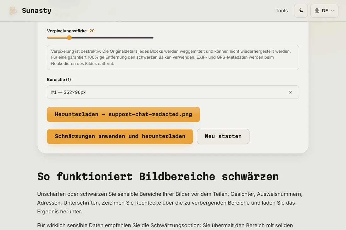 Das geschwärzte Ergebnis mit angewendeter verpixelter Zone, bereit zum Download