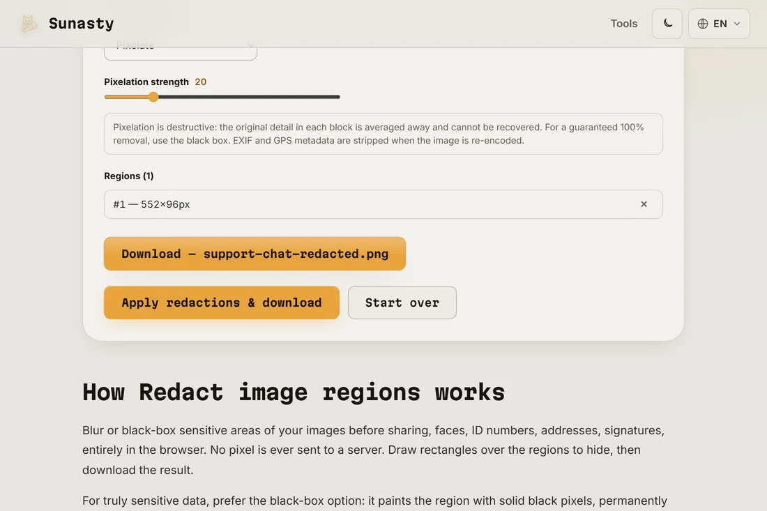 The redacted result, pixelated zone applied, ready to download