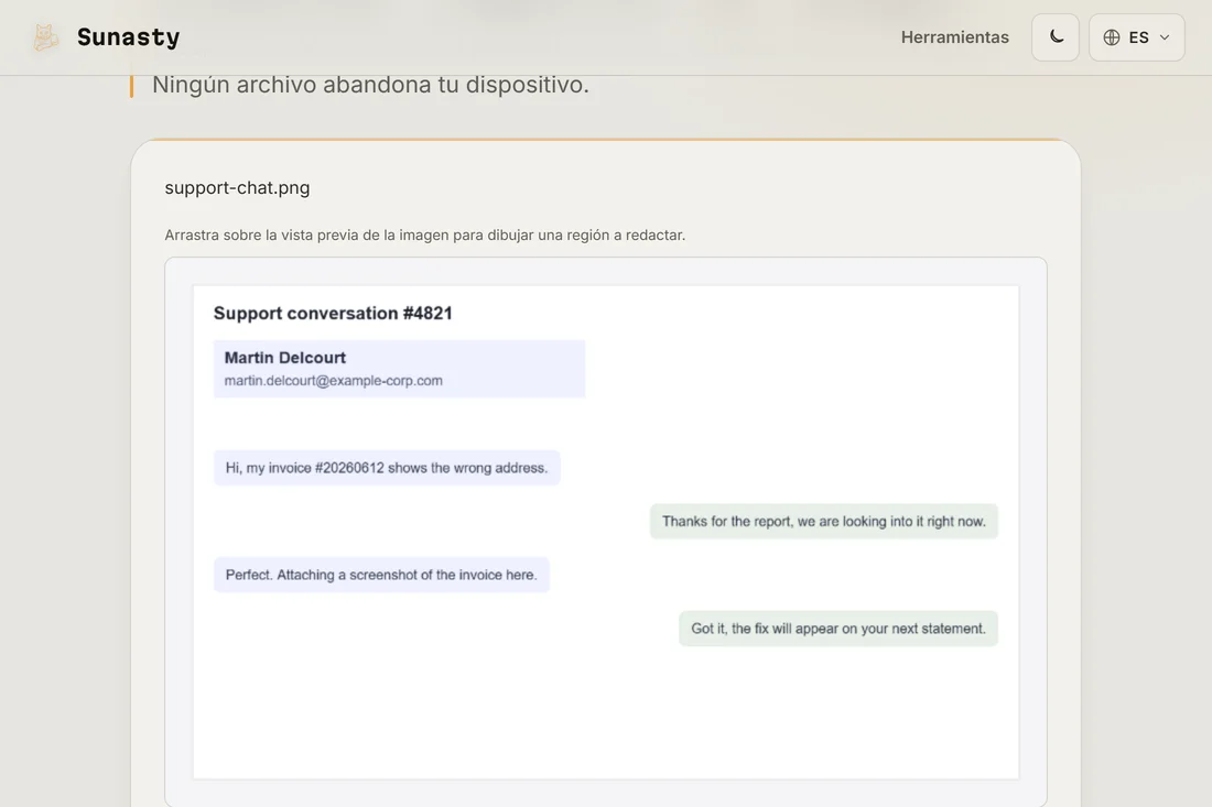 Una captura de pantalla cargada en la herramienta de censura, con la vista previa visible