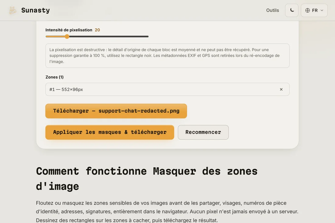 Le résultat caviardé, zone pixelisée appliquée, prêt à télécharger