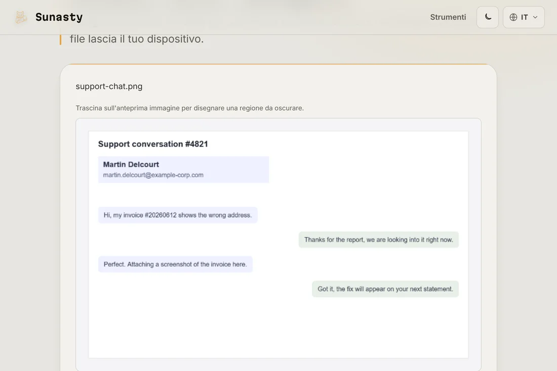 Uno screenshot caricato nello strumento di oscuramento, con l’anteprima visualizzata