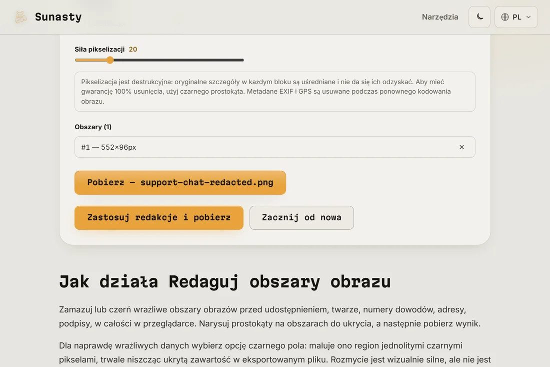 Zredagowany wynik z nałożoną pikselizacją, gotowy do pobrania
