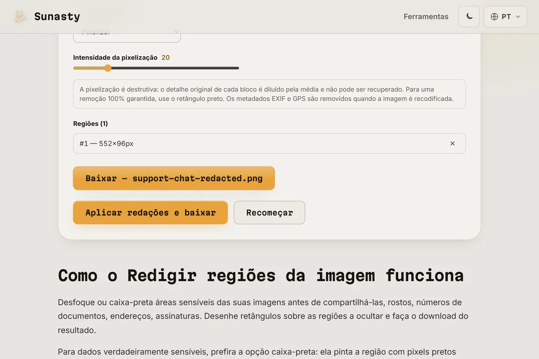 O resultado censurado, com a área pixelizada aplicada, pronto para baixar