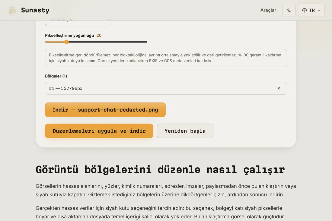 Pikselleştirilmiş bölge uygulanmış, indirmeye hazır karartılmış sonuç