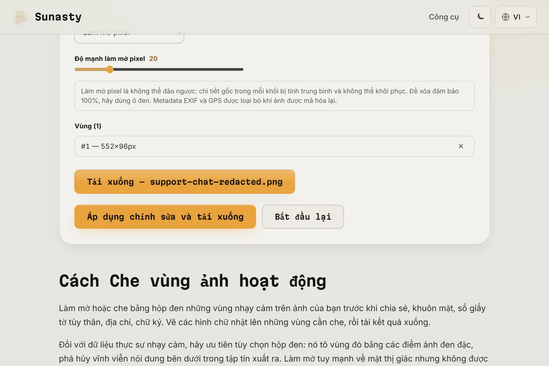 Kết quả đã che, vùng làm mờ pixel đã áp dụng, sẵn sàng tải về