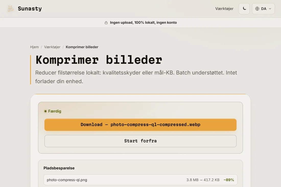 Det komprimerede billede klar til download, der viser en størrelse reduceret med mere end halvdelen