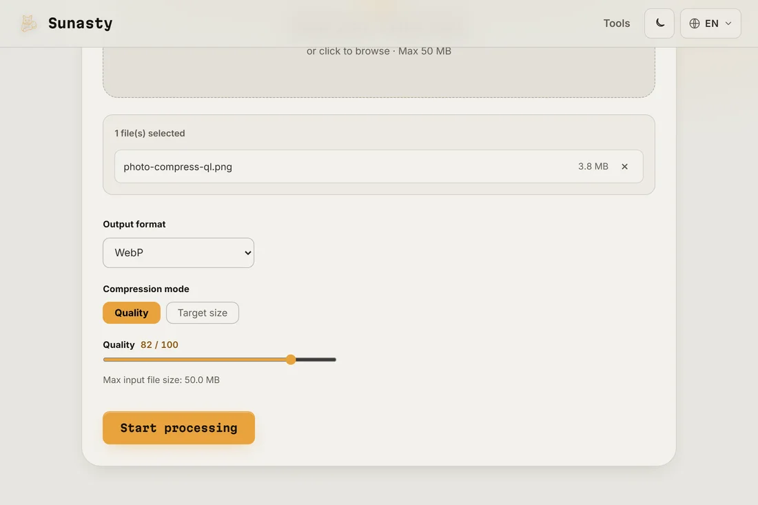 The image compressor with a photo loaded and WebP selected, quality slider visible