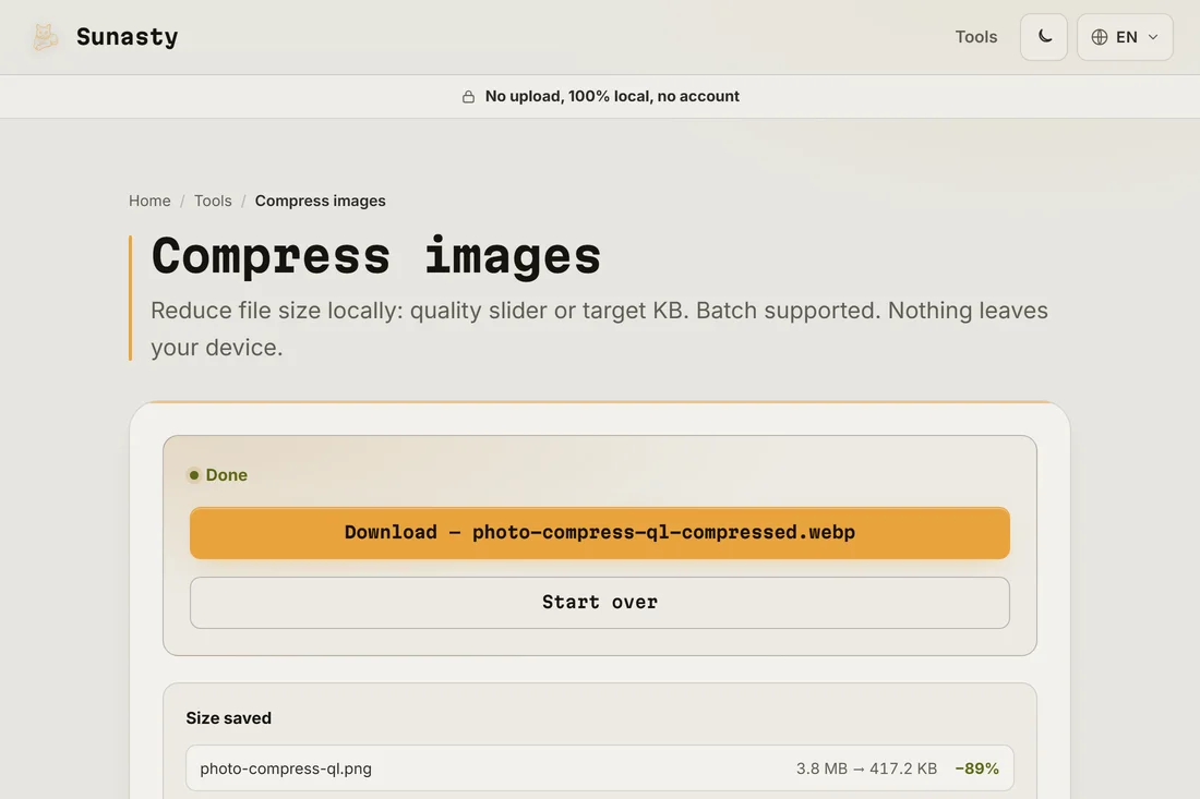 The compressed image ready to download, showing size reduced by more than half