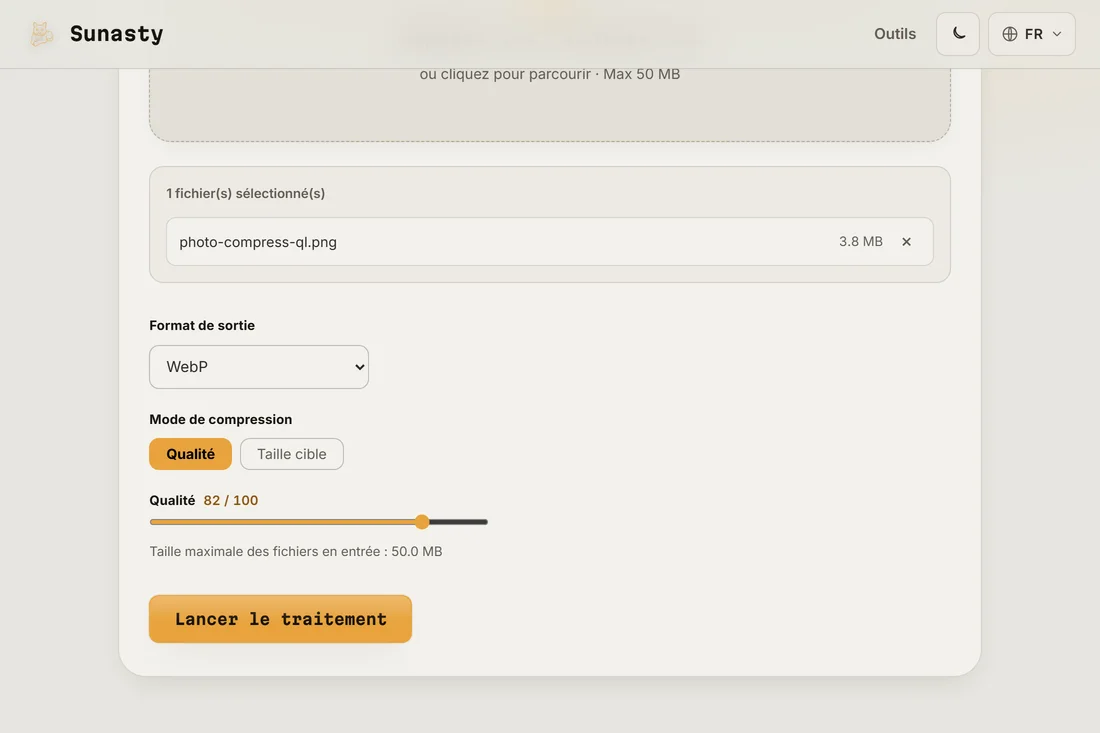 Le compresseur d'images avec une photo chargée et WebP sélectionné, curseur de qualité visible