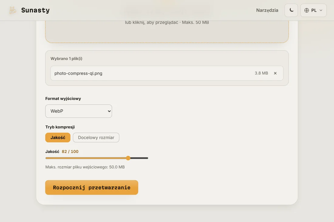 Kompresor obrazów z wczytanym zdjęciem i wybranym WebP, widoczny suwak jakości