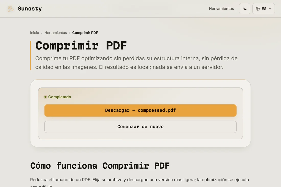 El resultado de la compresión, con el tamaño ahorrado y el botón de descarga