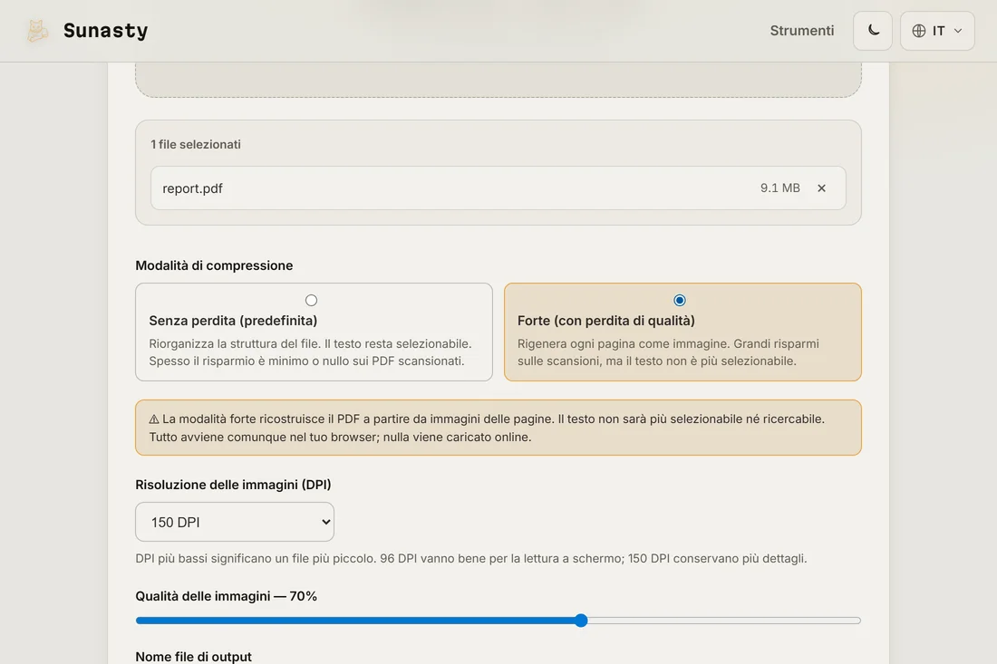 Il compressore di PDF con un file caricato: modalità senza perdita o forte, risoluzione e qualità delle immagini