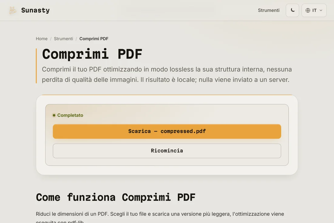 Il risultato della compressione, con lo spazio risparmiato e il pulsante di download