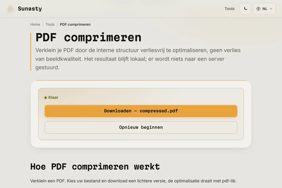 Het compressieresultaat, met de bespaarde grootte en de downloadknop