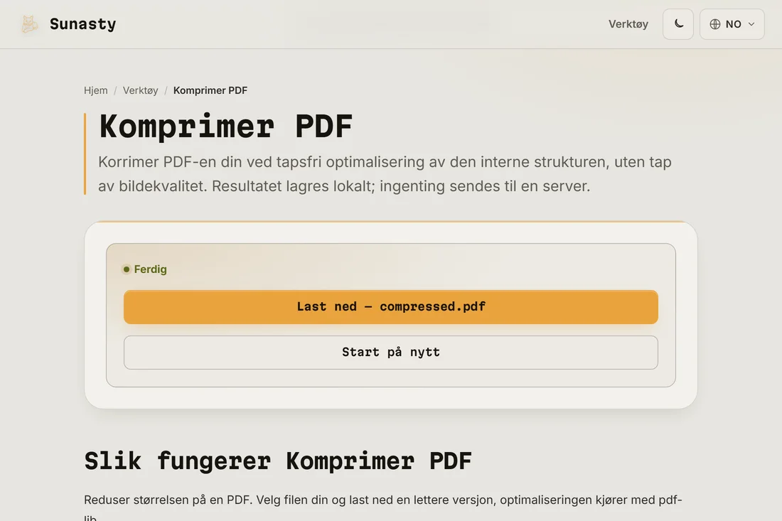 Komprimeringsresultatet, med spart størrelse og nedlastingsknappen