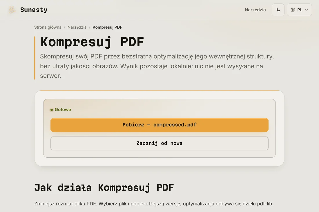 Wynik kompresji z zaoszczędzonym rozmiarem i przyciskiem pobierania