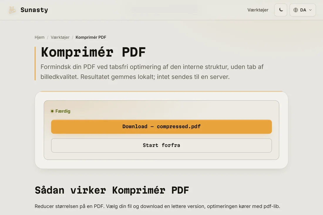 Resultatskærmen, der viser den komprimerede størrelse og downloadknappen
