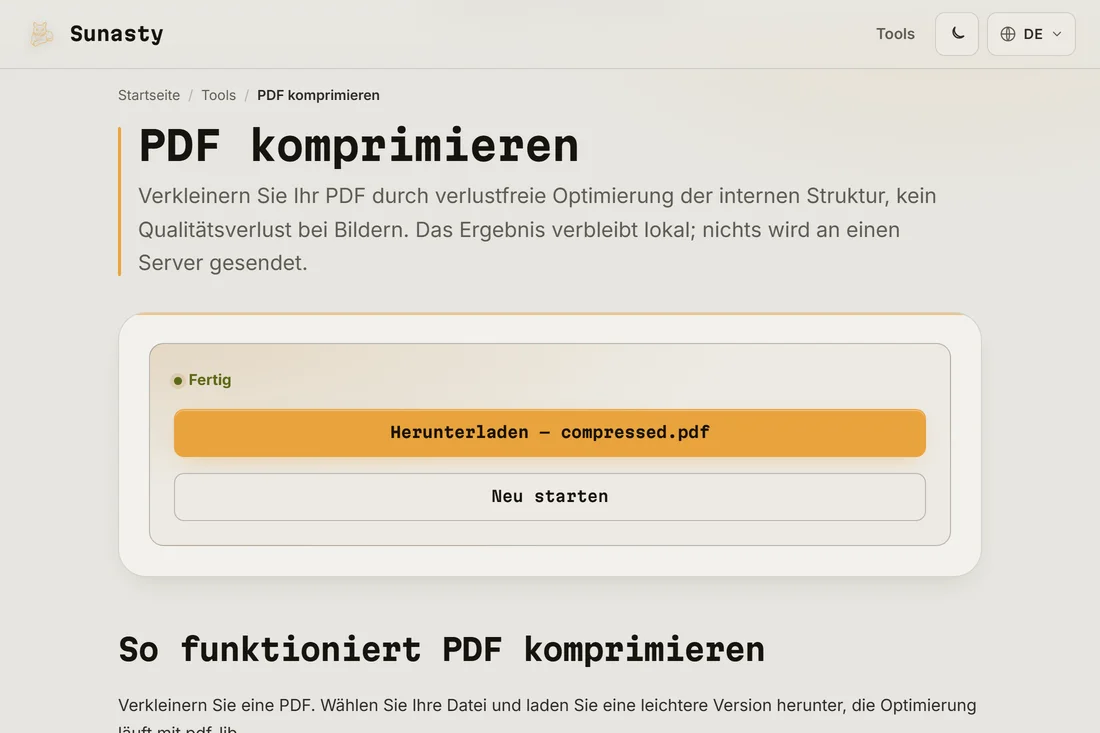 Der Ergebnisbildschirm mit der komprimierten Größe und dem Download-Button