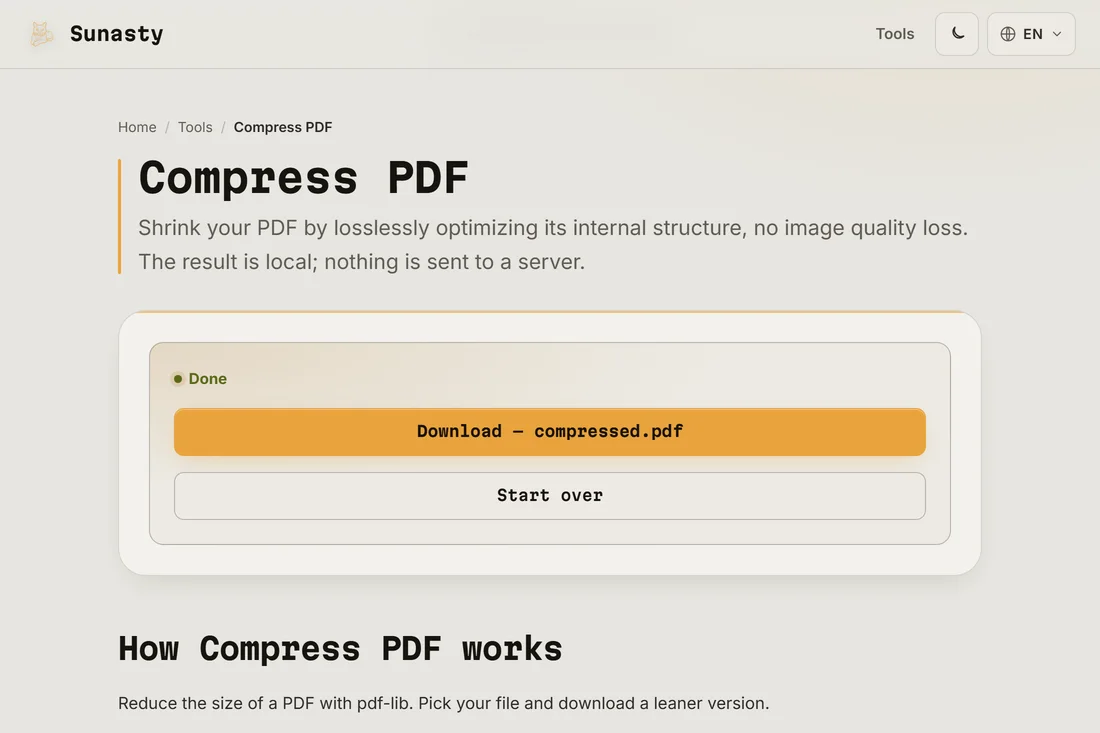 The result screen showing the compressed size and the download button