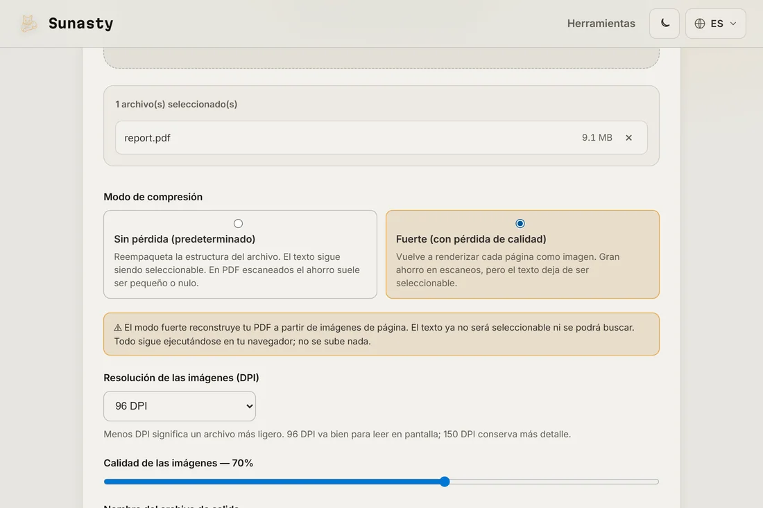 El compresor de PDF en modo fuerte, con la resolución de imagen ajustada para un objetivo de 2 MB