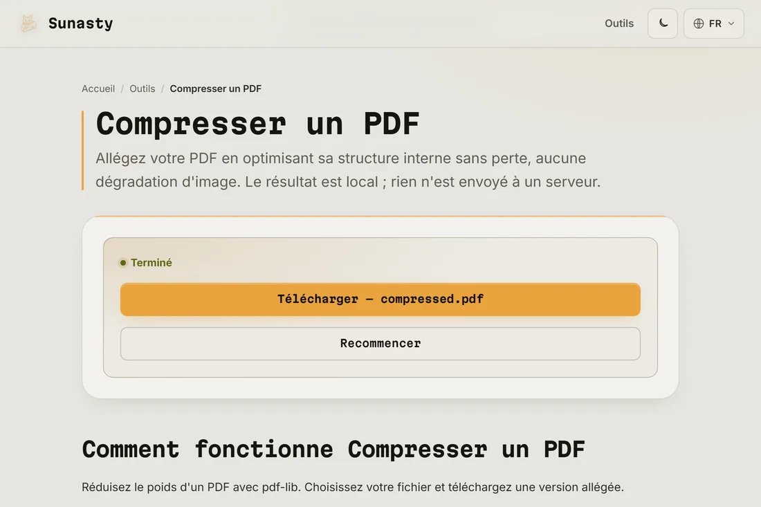 L’écran de résultat avec le poids compressé et le bouton de téléchargement