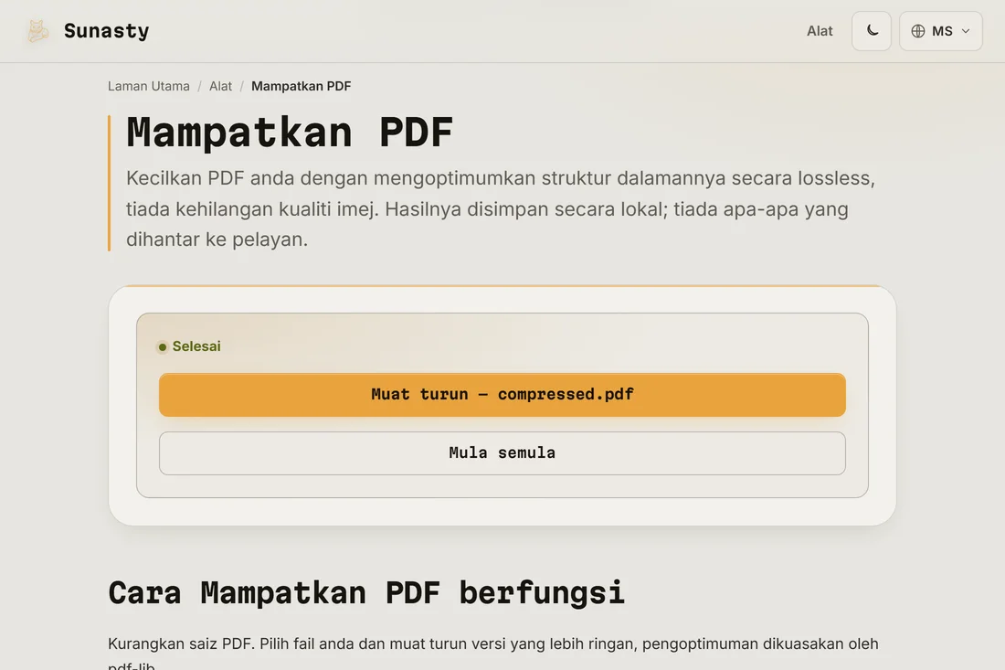 Skrin hasil menunjukkan saiz yang dimampatkan dan butang muat turun