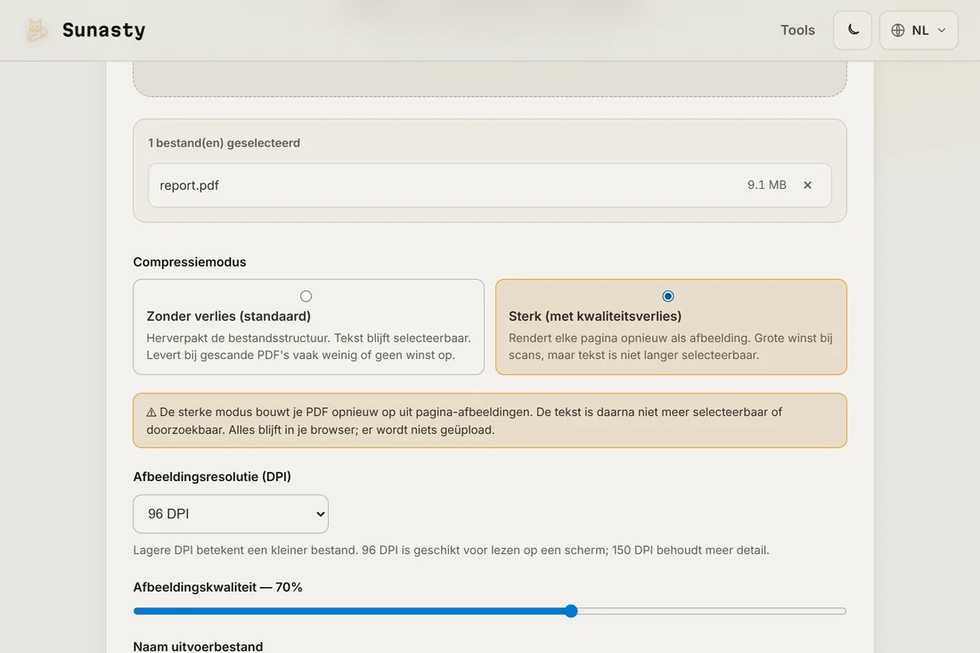 De PDF-compressor in sterke modus, met de beeldresolutie ingesteld voor een doel van 2 MB