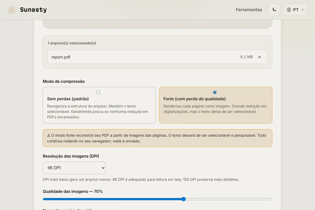 O compressor de PDF no modo forte, com a resolução de imagem ajustada para uma meta de 2 MB