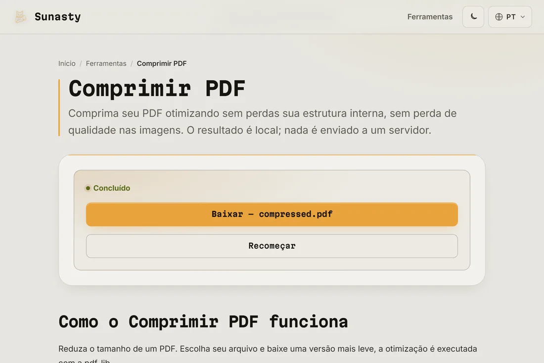 A tela de resultado mostrando o tamanho comprimido e o botão de download