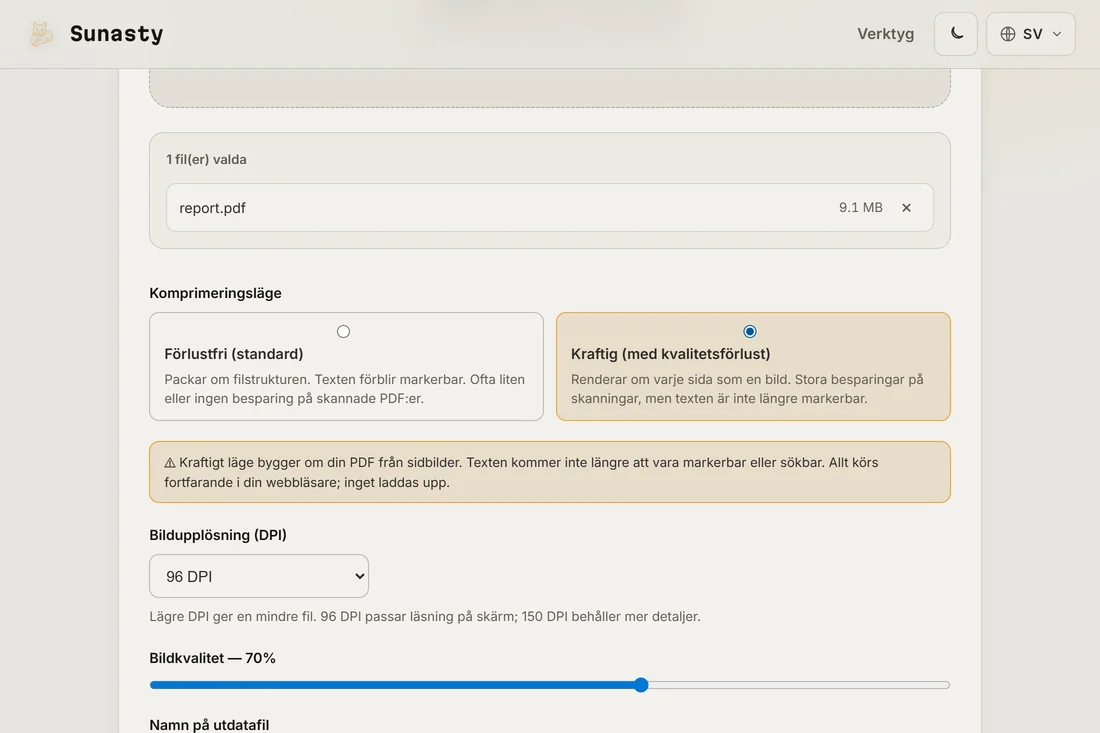 PDF-komprimeraren i starkt läge, med bildupplösningen inställd för ett mål på 2 MB
