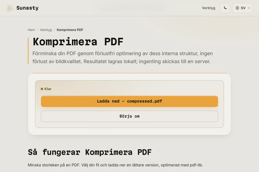 Resultatskärmen som visar den komprimerade storleken och nedladdningsknappen
