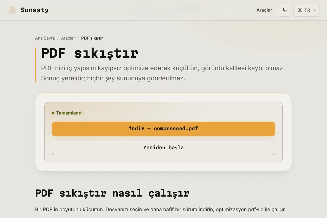 Sıkıştırılmış boyutu ve indirme düğmesini gösteren sonuç ekranı