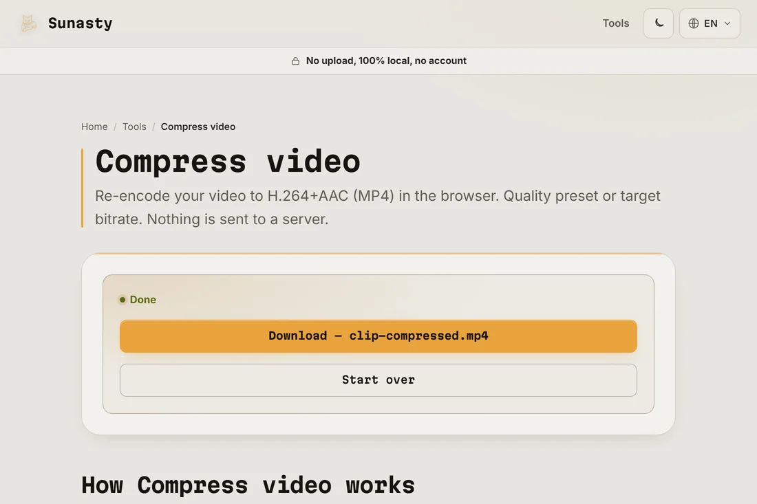 The compressed clip ready to download, with the size saved