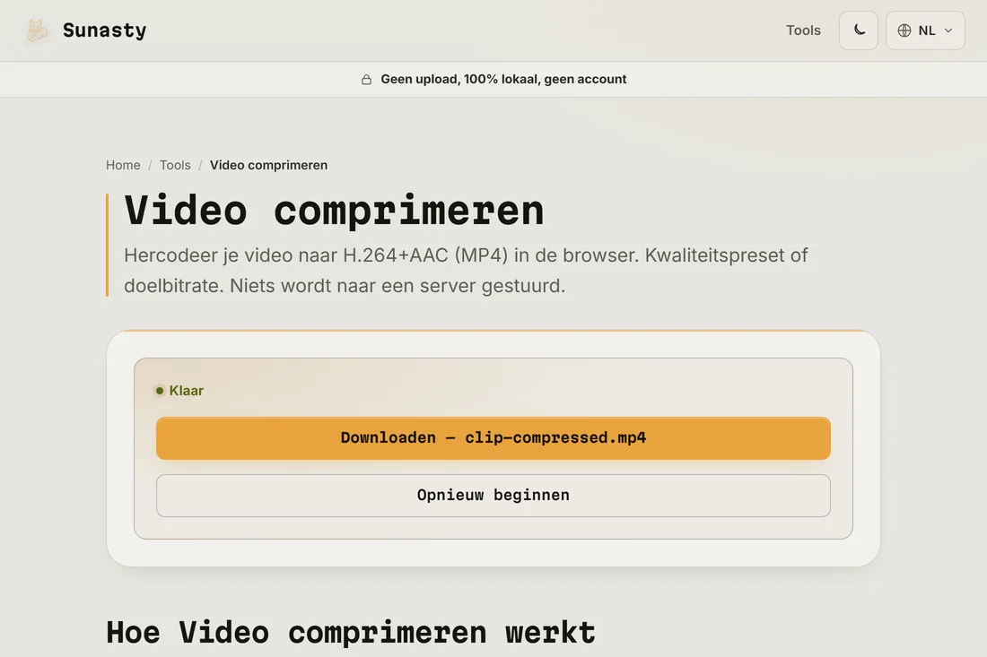 De gecomprimeerde clip klaar om te downloaden, met de bespaarde grootte