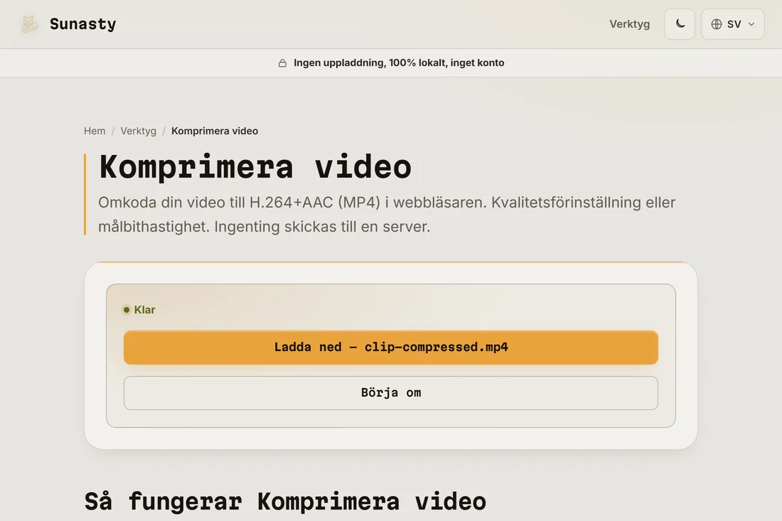Det komprimerade klippet redo att ladda ner, med sparad storlek