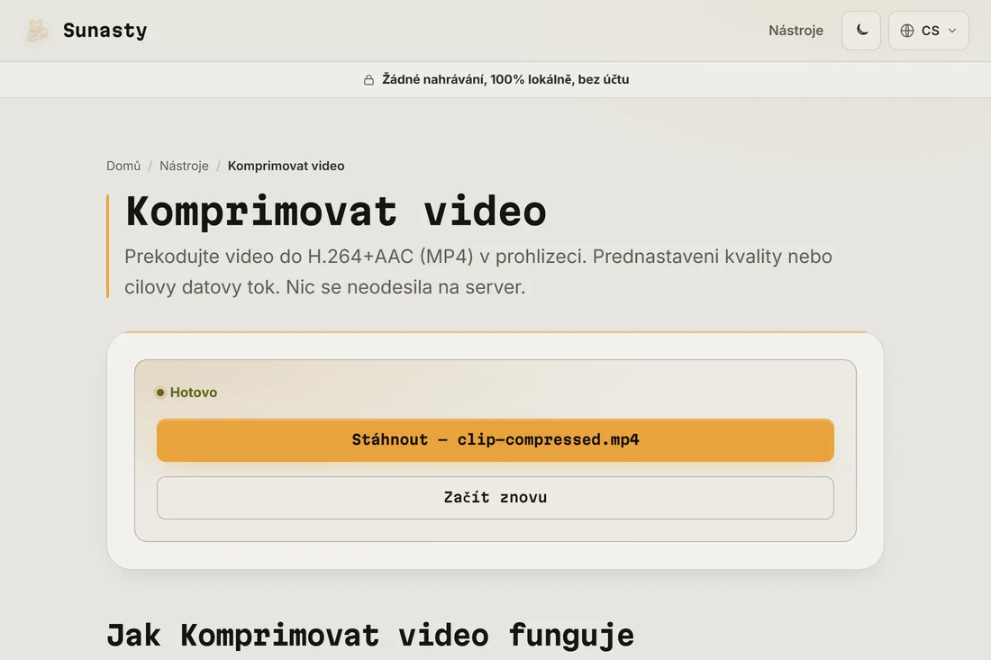 Zkomprimované video připravené ke stažení, dost malé na odeslání přes WhatsApp