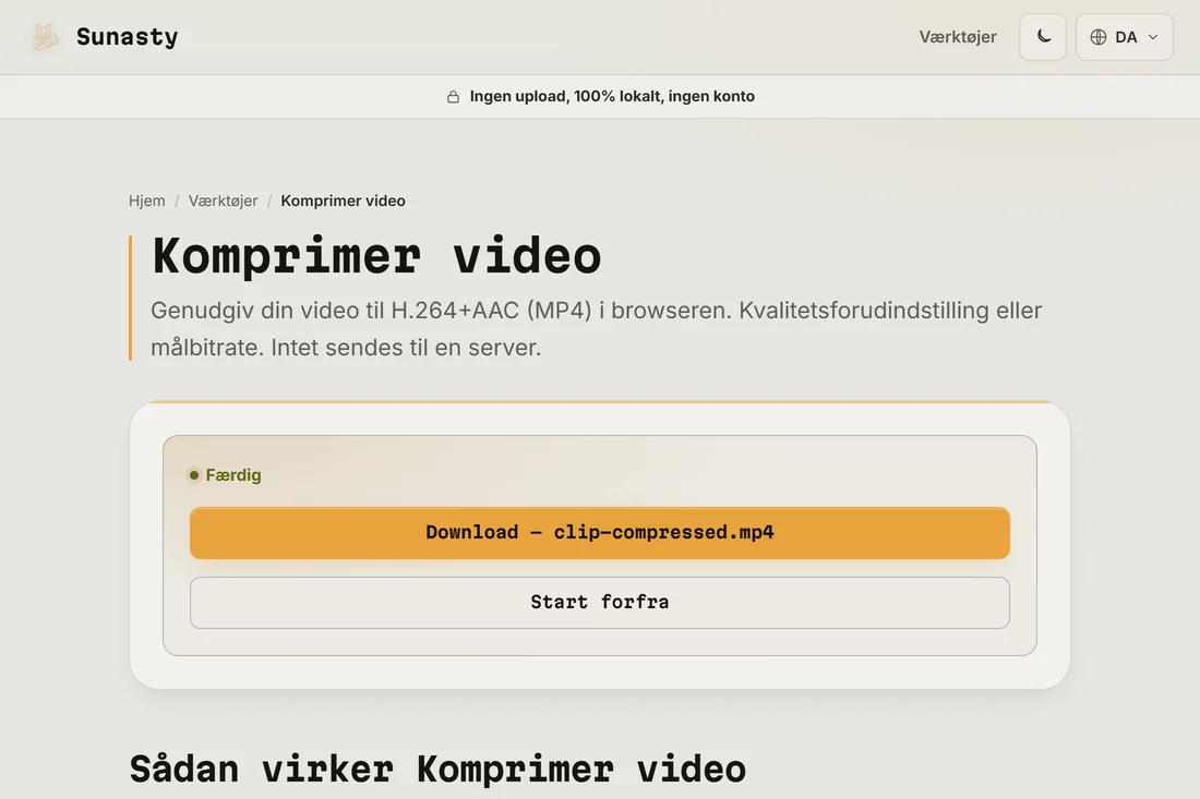Den komprimerede video klar til download, lille nok til at sende på WhatsApp