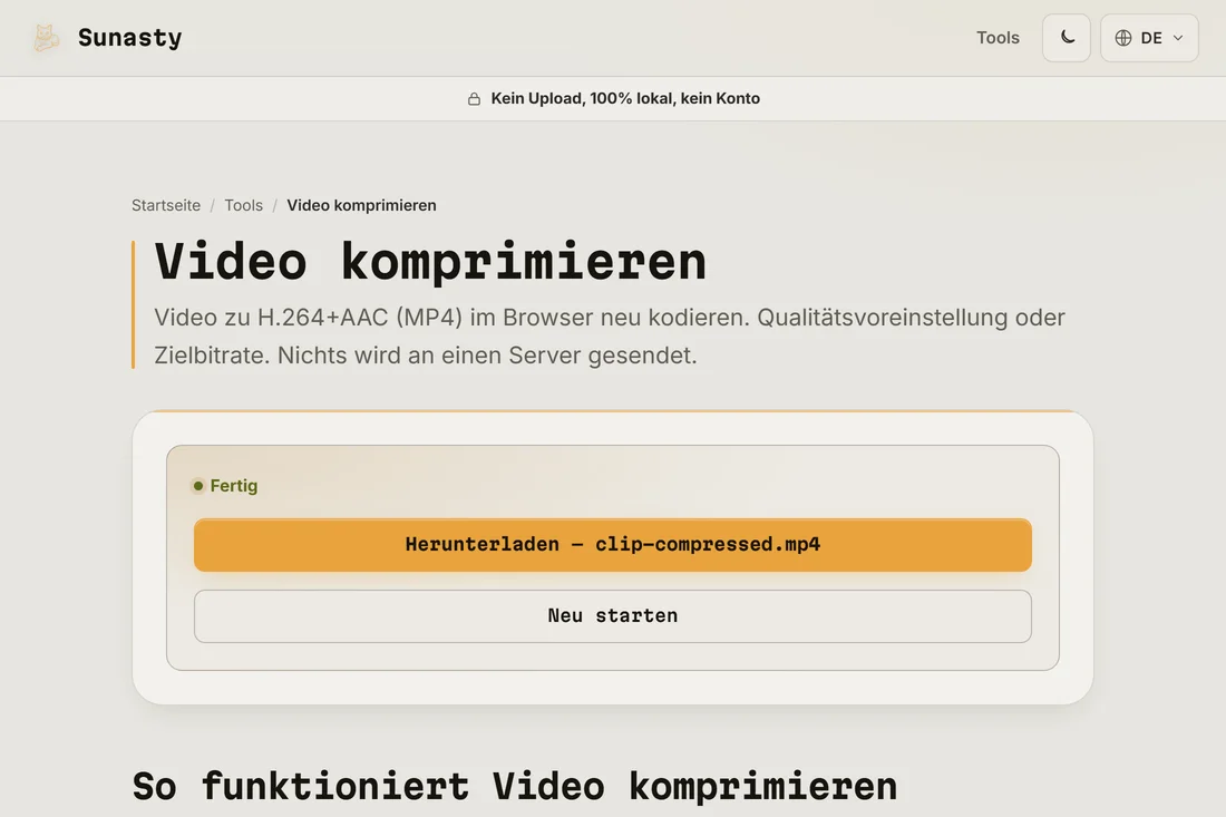 Das komprimierte Video bereit zum Herunterladen, klein genug für den Versand über WhatsApp